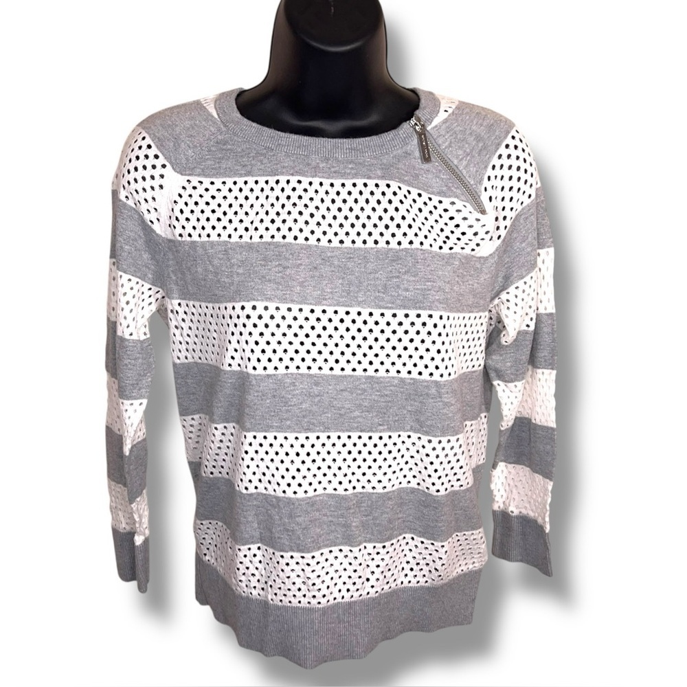 Small MICHAEL Michael Kors Grey White Mesh Knit Top Side Zipper Accent Stripes